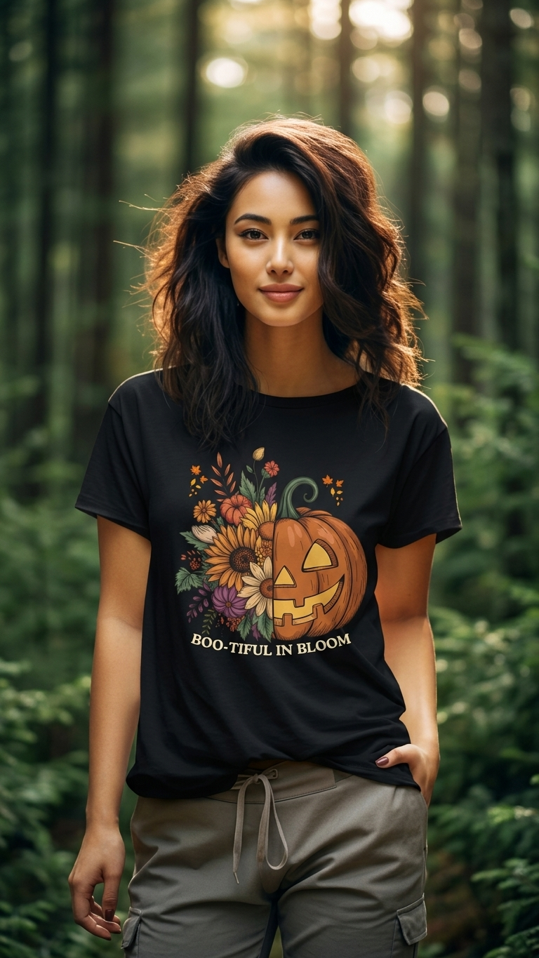 Boo-tiful in Bloom Halloween Pumpkin Floral T-Shirt — Fall Graphic Tee - 14925