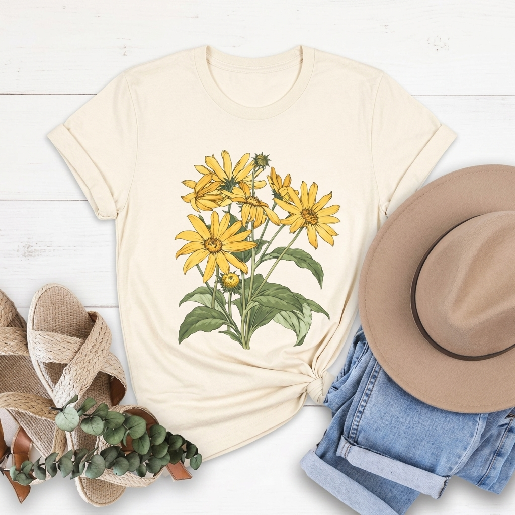 Yellow Daisy Botanical T-Shirt, Vintage Floral Garden Tee - 14503