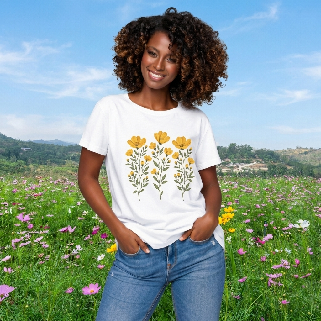 Golden Yellow Wildflower T-Shirt, Vintage Botanical Floral Tee - 14544