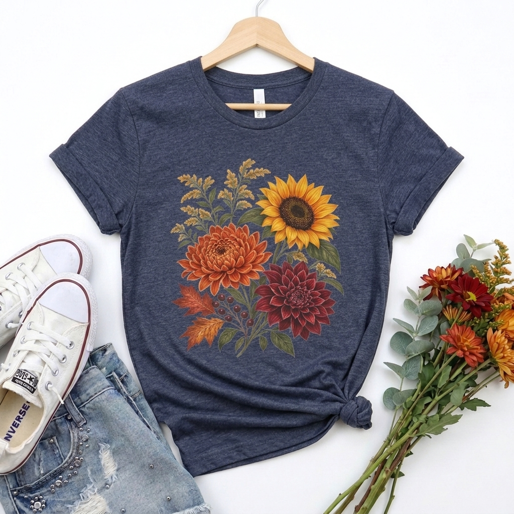 Autumn Wildflower Bouquet T-Shirt, Vintage Botanical Floral Tee - 14565