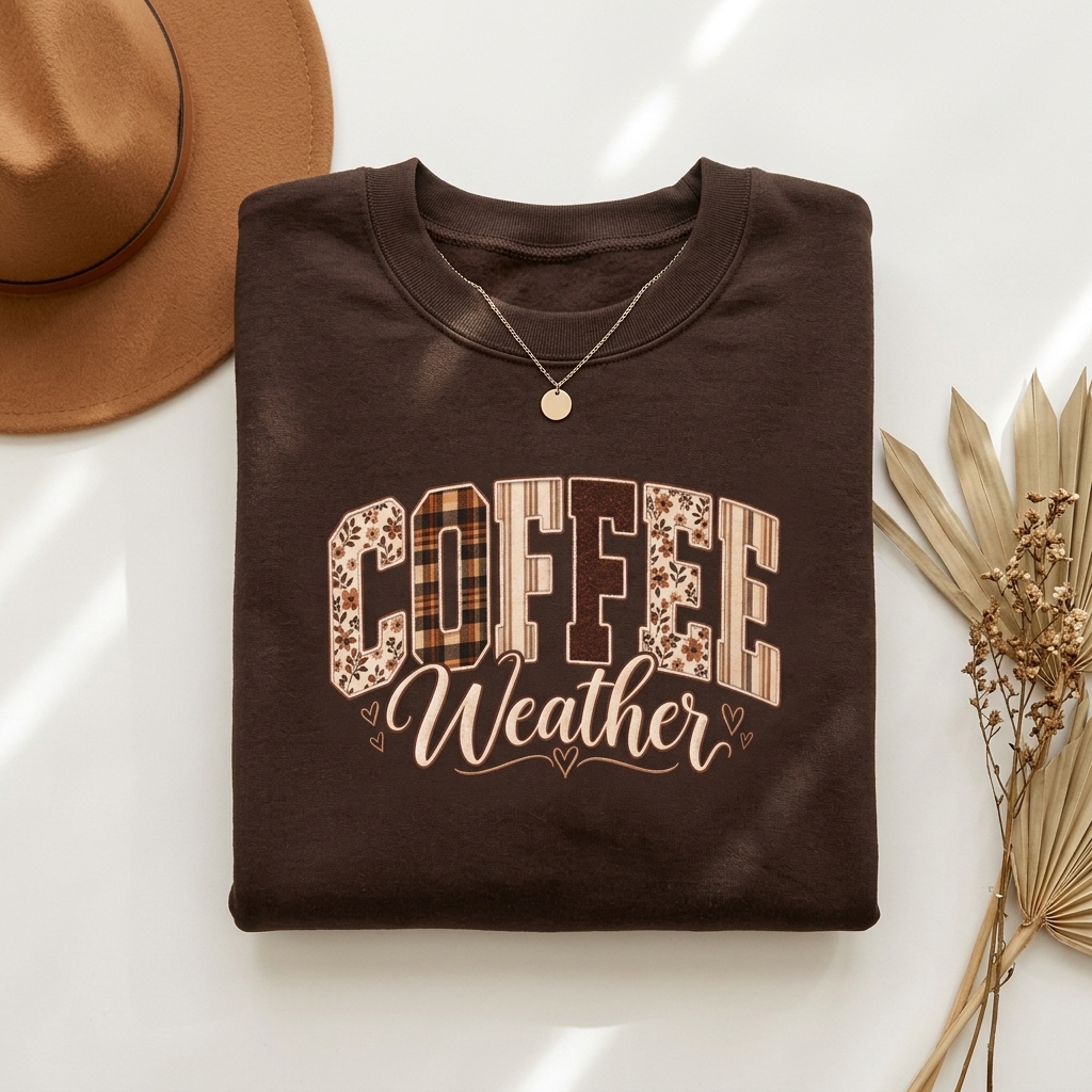 Coffee Weather Sweatshirt, Patchwork Floral Plaid Cozy Crewneck - 14997