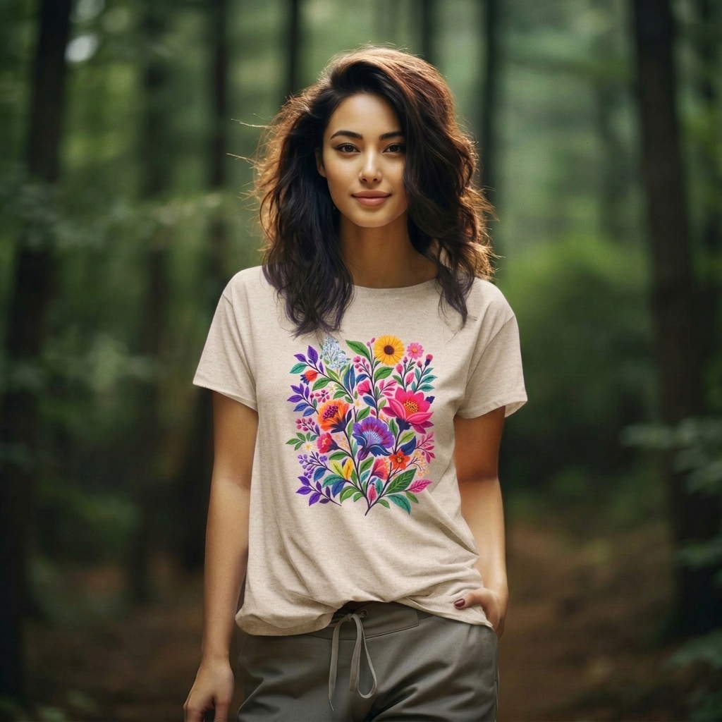 Bright Folk Art Floral T-Shirt, Colorful Flower Bouquet Tee - 14513