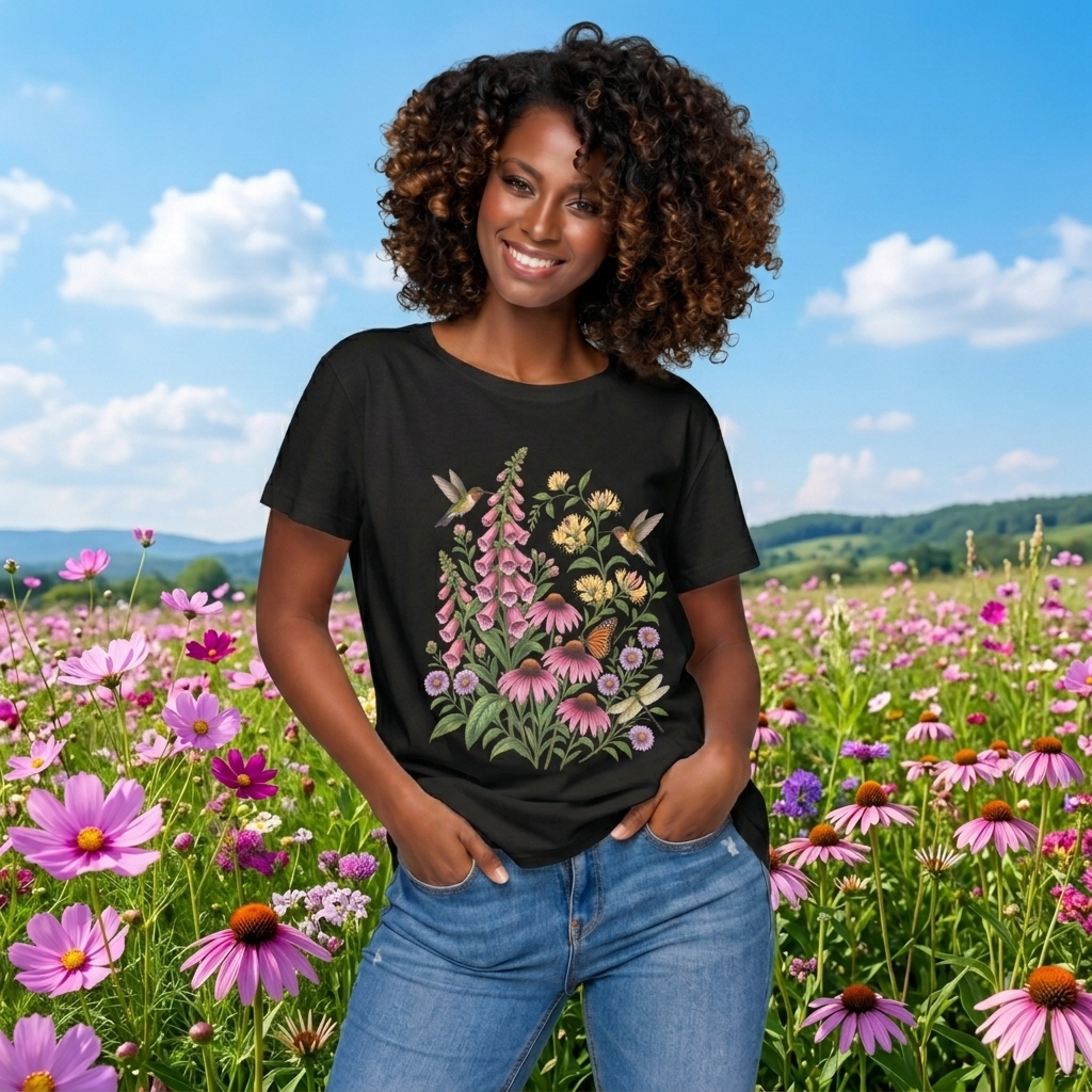 Floral Hummingbird Garden T-Shirt, Wildflower & Butterfly Botanical Tee - 14547