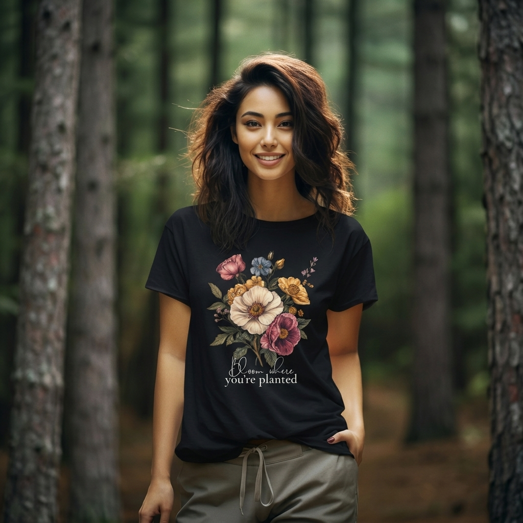 Bloom Where You’re Planted Floral T-Shirt, Vintage Botanical Graphic Tee -  14933