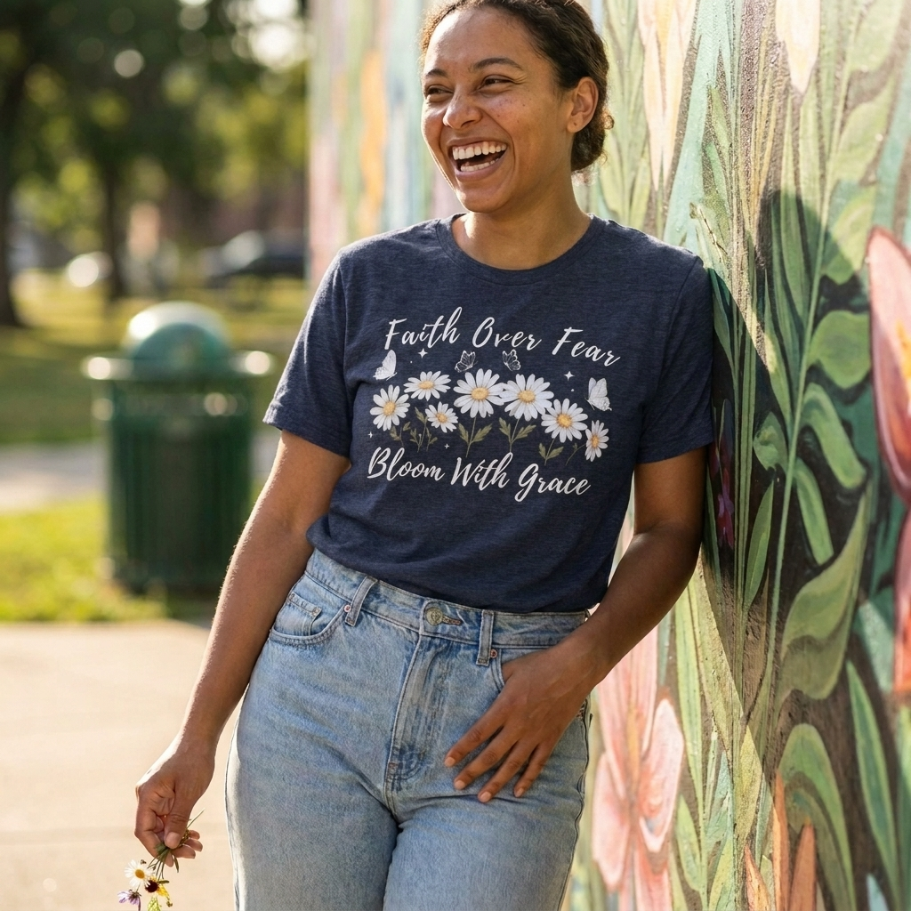 Faith Over Fear Daisy T-Shirt, “Bloom With Grace” Christian Floral Tee - 14951