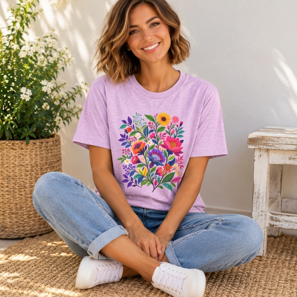 Bright Folk Art Floral T-Shirt, Colorful Flower Bouquet Tee - 14513