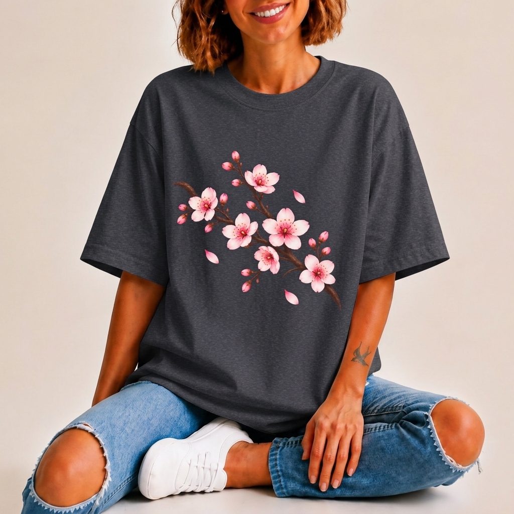 Cherry Blossom T-Shirt, Pink Sakura Branch Floral Tee - 14994