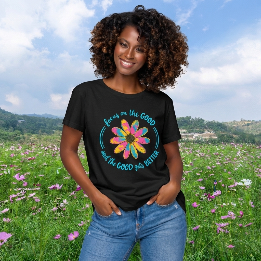 Focus on the Good T-Shirt, Colorful Retro Daisy Graphic Tee - 14563