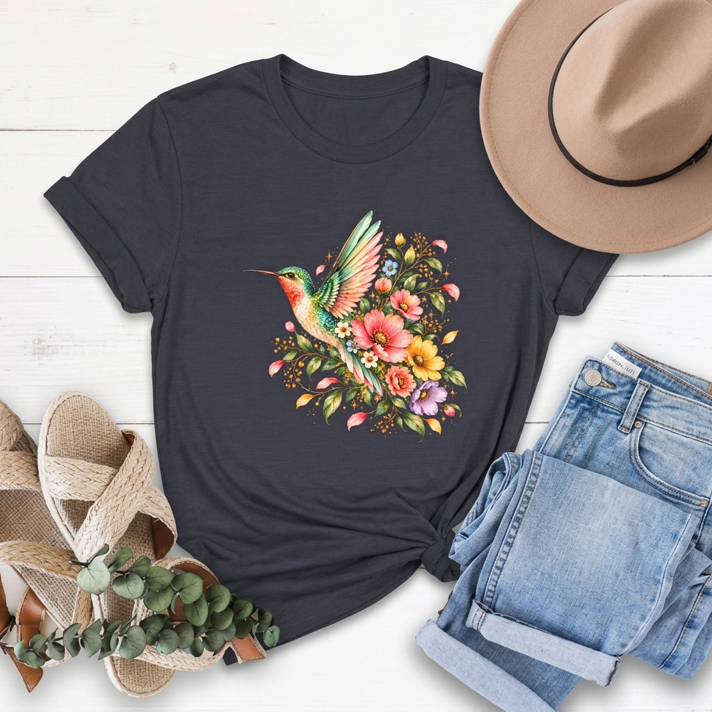 Colorful Hummingbird Floral T-Shirt, Nature Lover Tee - 14516