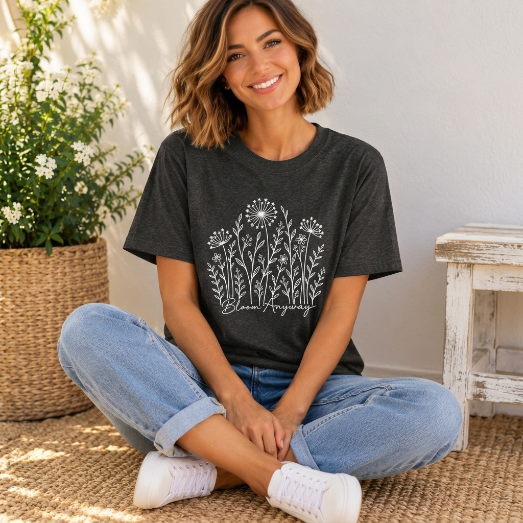 Bloom Anyway Floral T-Shirt, Hand-Drawn Wildflower Tee - 14509