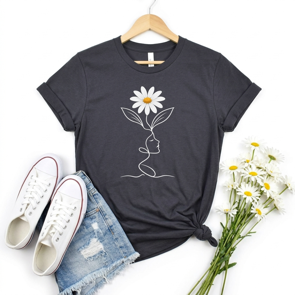 Daisy Woman Face T-Shirt, Minimalist Floral Line Art Tee - 14522