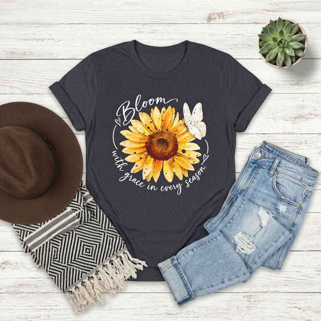 Sunflower “Bloom with Grace in Every Season” T-Shirt, Inspirational Floral Tee- 14502