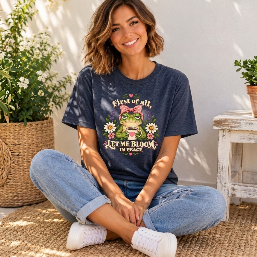 Let Me Bloom in Peace Frog T-Shirt, Cute Floral Coffee Tee - 14500