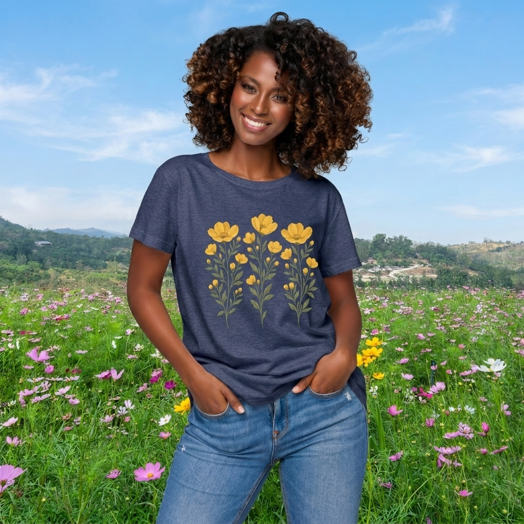 Golden Yellow Wildflower T-Shirt, Vintage Botanical Floral Tee - 14544