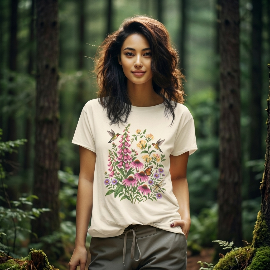 Floral Hummingbird Garden T-Shirt, Wildflower & Butterfly Botanical Tee - 14547