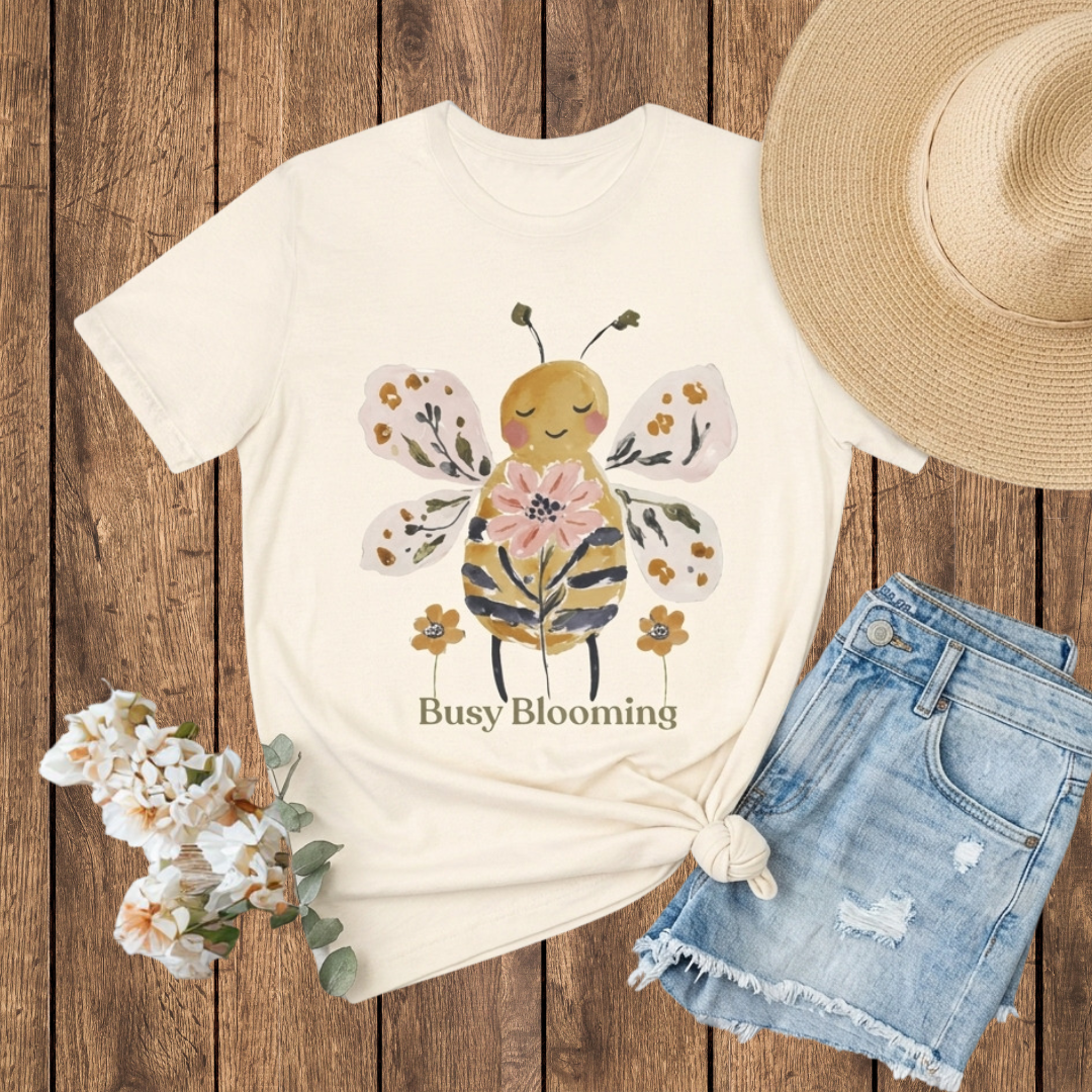 Busy Blooming Bee T-Shirt, Cute Watercolor Floral Bee Tee - 14960