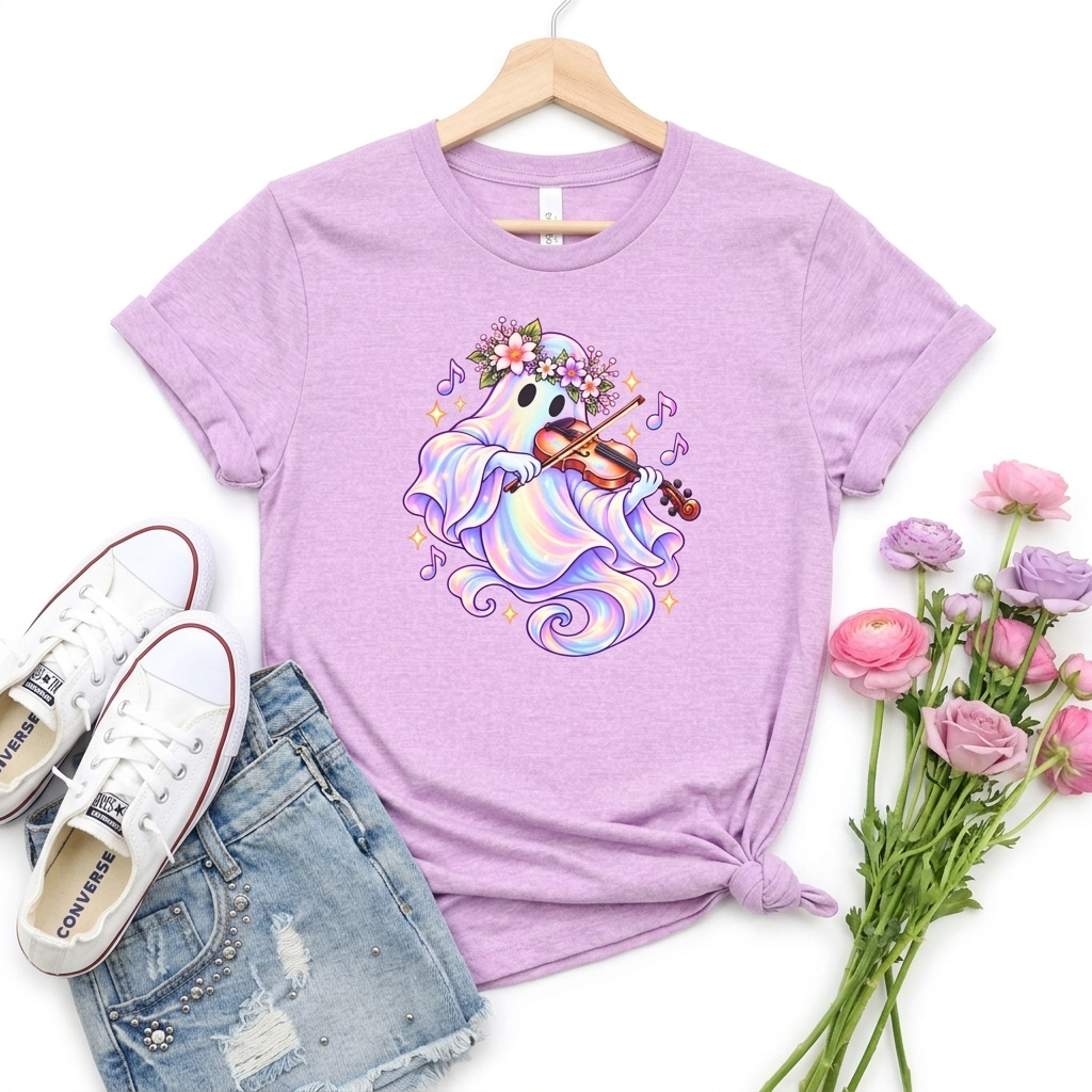 Ghost Violin T-Shirt, Cute Pastel Floral Music Lover Tee - 14528