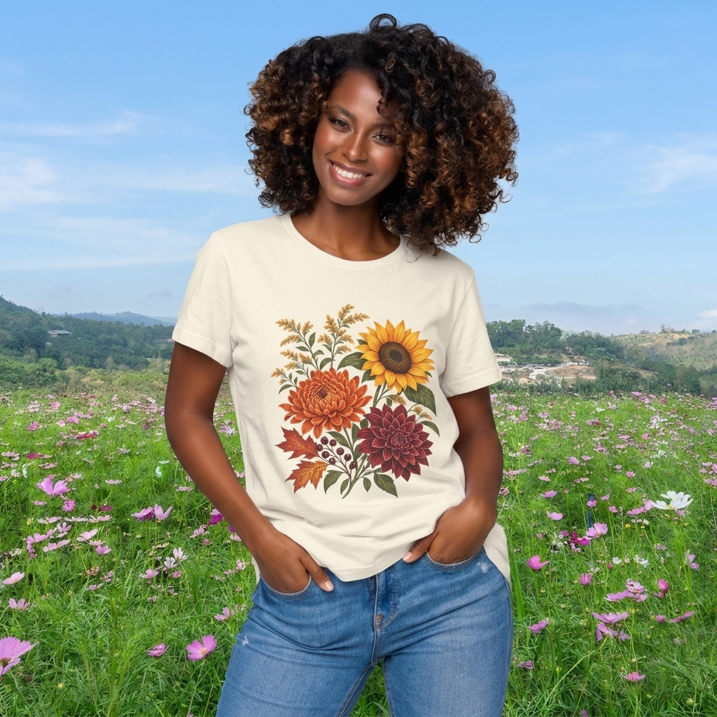 Autumn Wildflower Bouquet T-Shirt, Vintage Botanical Floral Tee - 14565