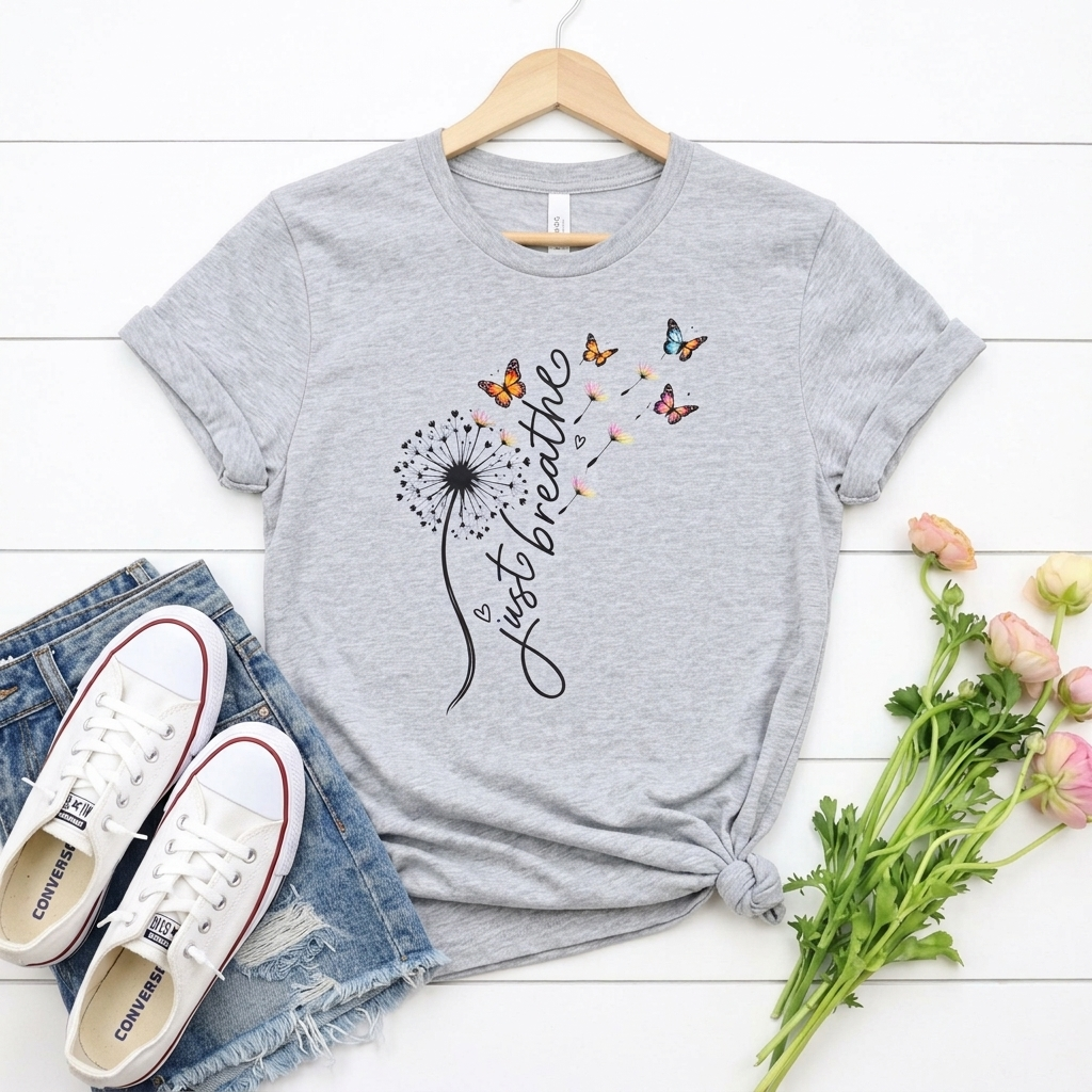 Just Breathe Dandelion T-Shirt,  Butterfly Inspirational Tee - 14519