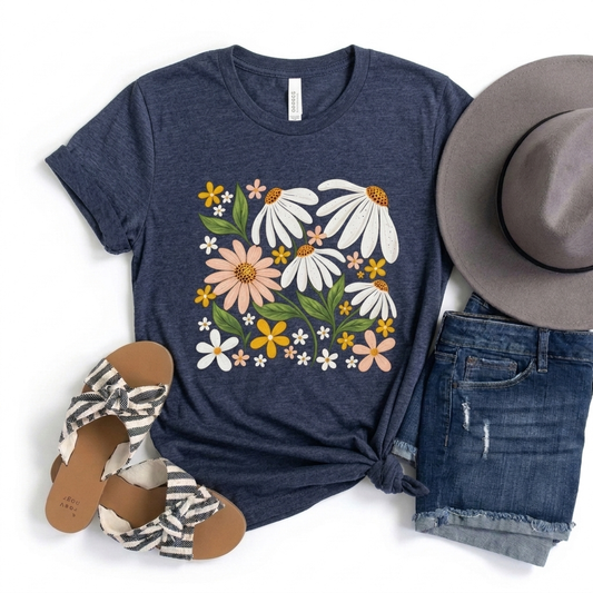 Vintage Daisy Garden T-Shirt,  Colorful Wildflower Botanical Tee - 14559