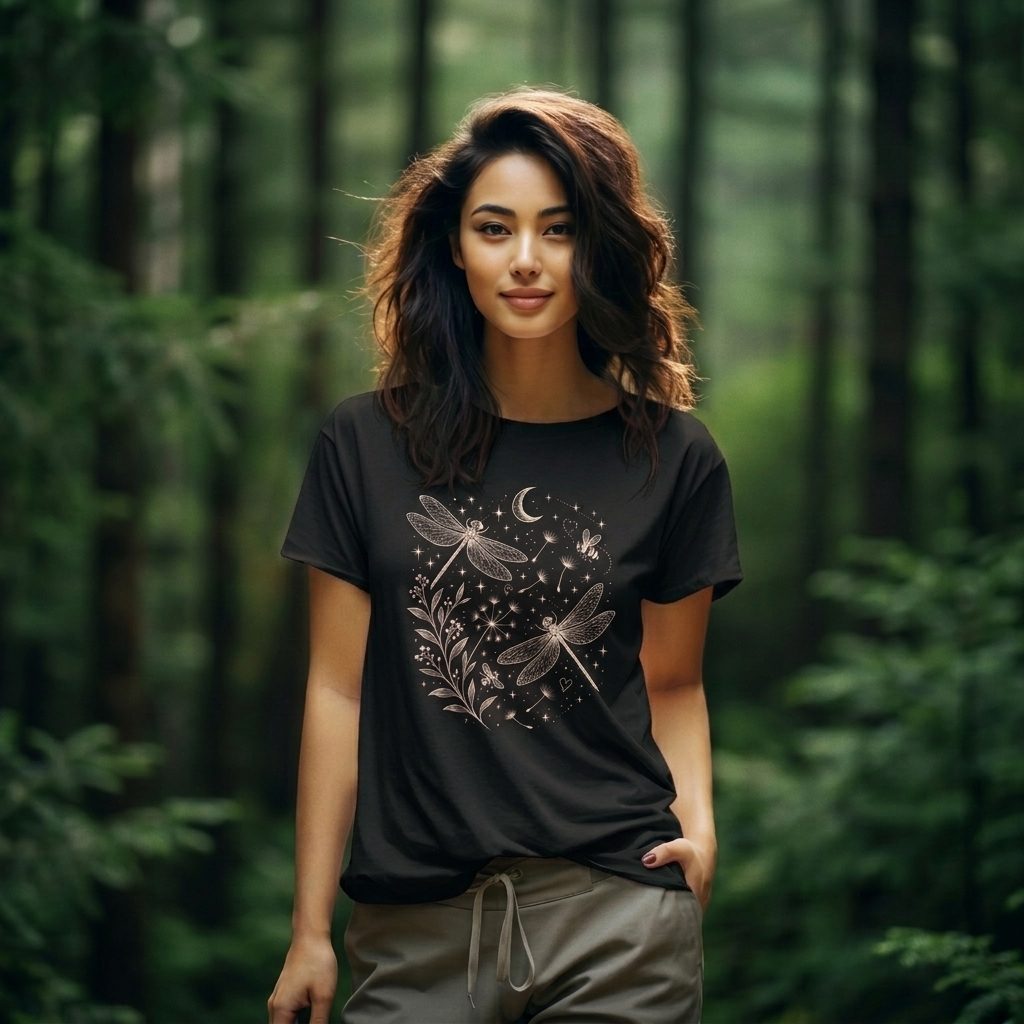 Dragonfly Moon T-Shirt, Whimsical Celestial Nature Tee - 14518