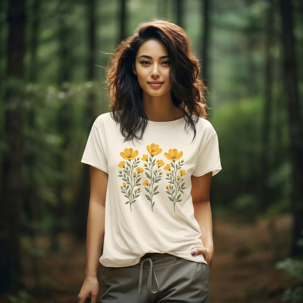 Golden Yellow Wildflower T-Shirt, Vintage Botanical Floral Tee - 14544