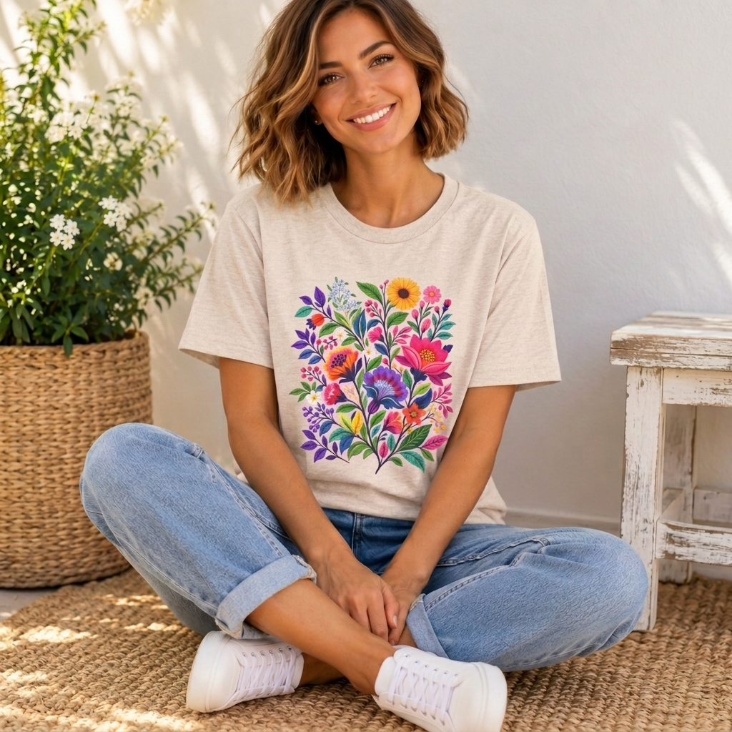 Bright Folk Art Floral T-Shirt, Colorful Flower Bouquet Tee - 14513