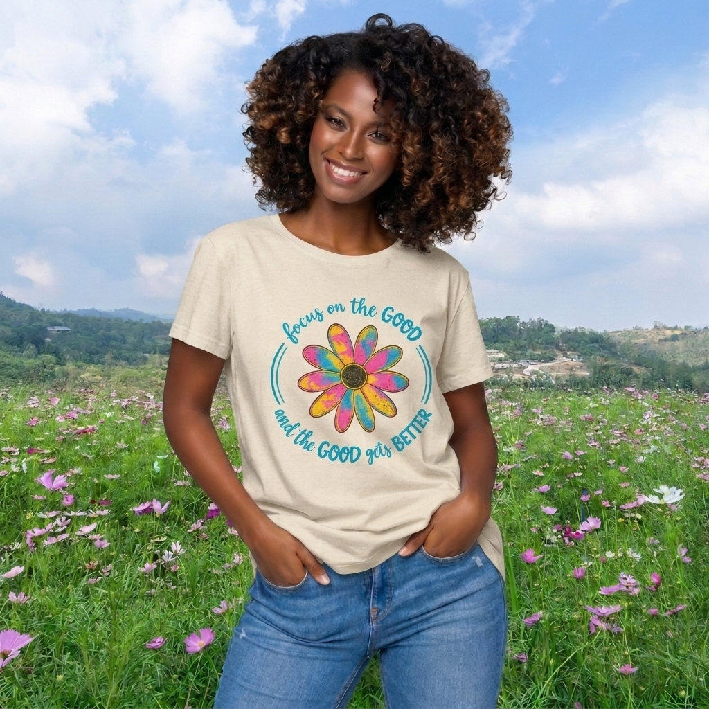 Focus on the Good T-Shirt, Colorful Retro Daisy Graphic Tee - 14563