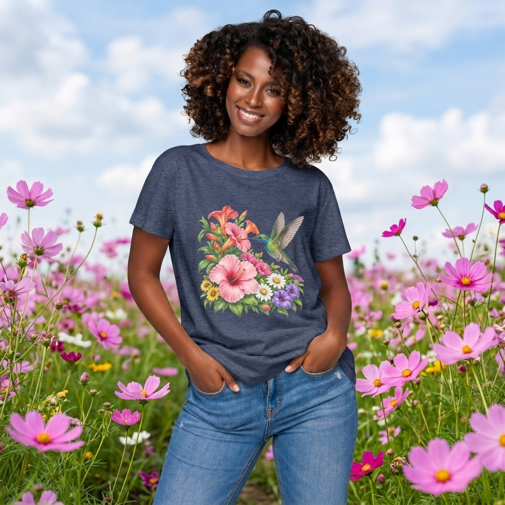 Hummingbird & Hibiscus T-Shirt, Colorful Tropical Floral Garden Tee - 14542