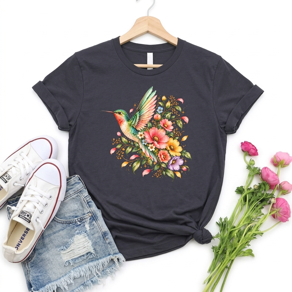 Colorful Hummingbird Floral T-Shirt, Nature Lover Tee - 14516