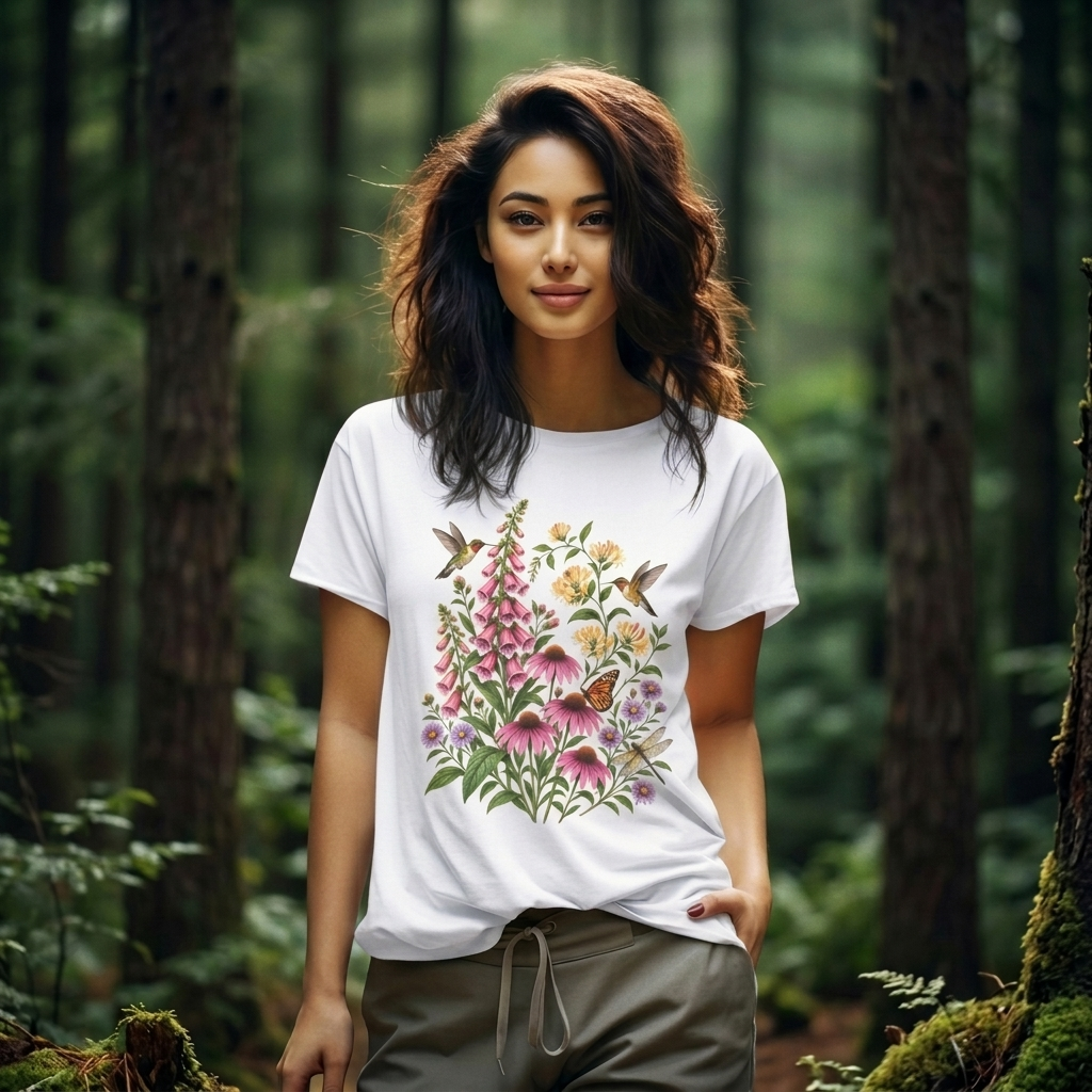 Floral Hummingbird Garden T-Shirt, Wildflower & Butterfly Botanical Tee - 14547