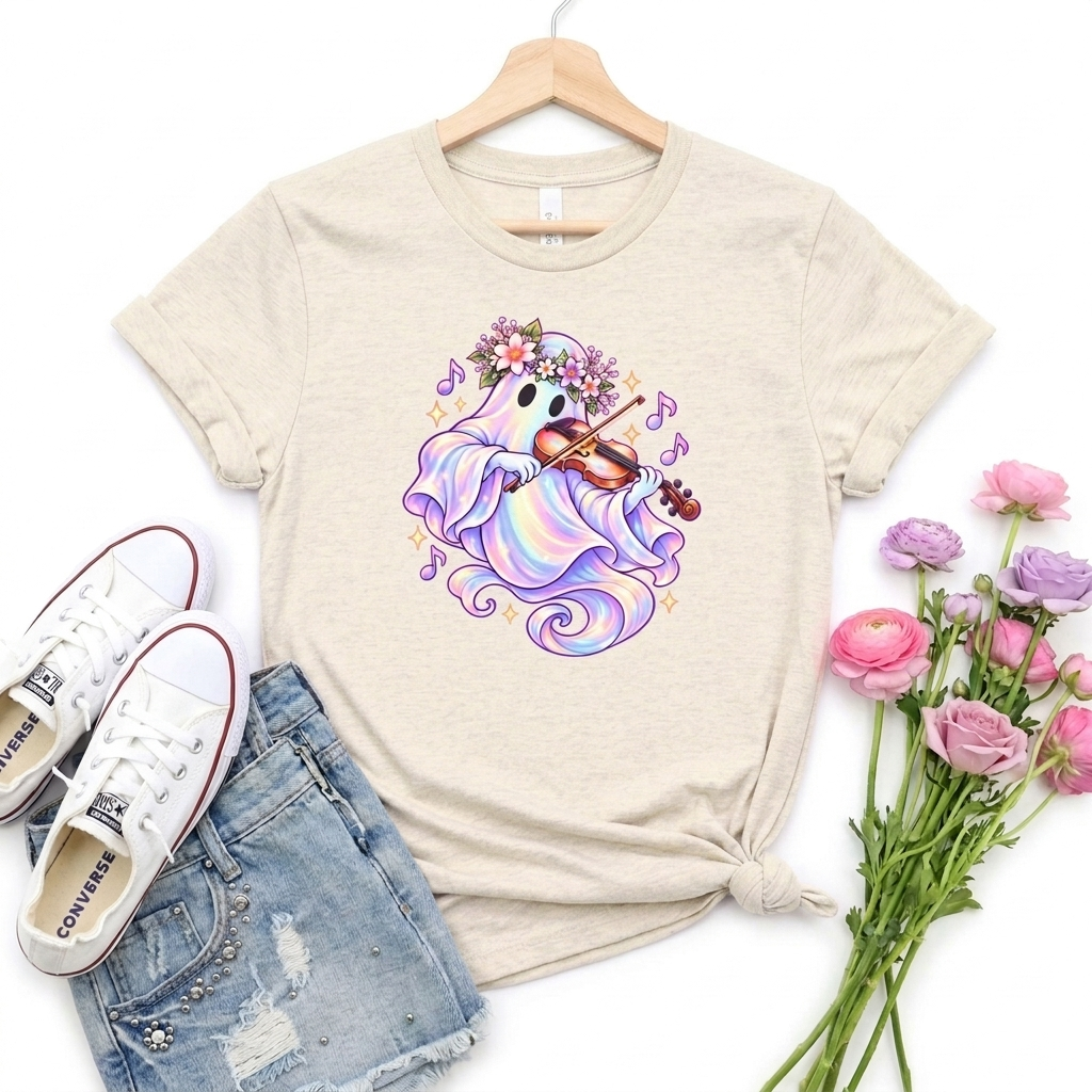 Ghost Violin T-Shirt, Cute Pastel Floral Music Lover Tee - 14528