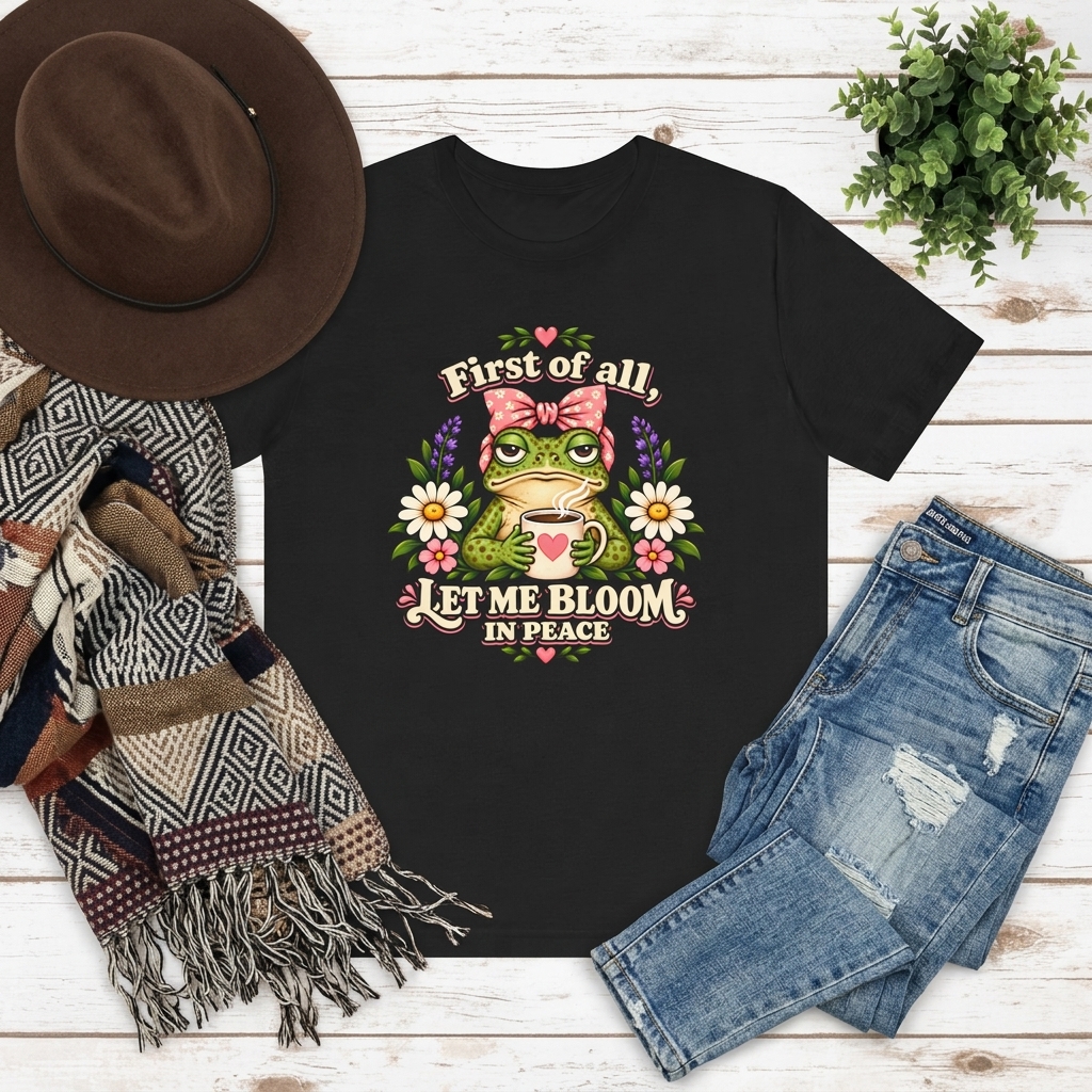 Let Me Bloom in Peace Frog T-Shirt, Cute Floral Coffee Tee - 14500