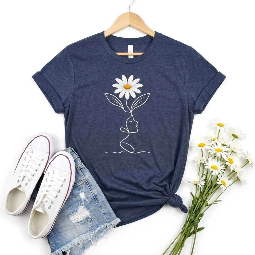 Daisy Woman Face T-Shirt, Minimalist Floral Line Art Tee - 14522