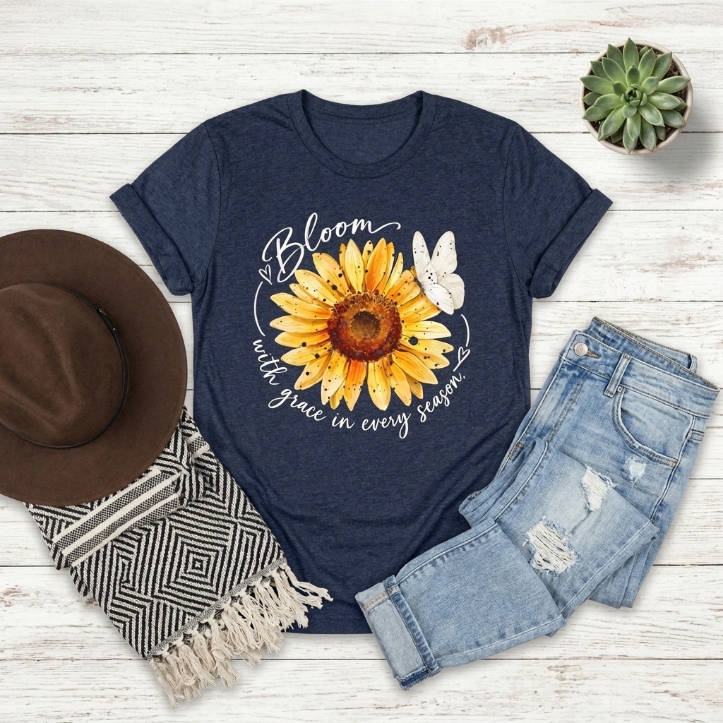 Sunflower “Bloom with Grace in Every Season” T-Shirt, Inspirational Floral Tee- 14502