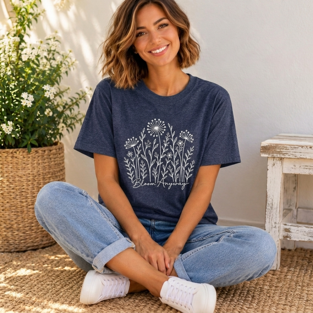 Bloom Anyway Floral T-Shirt, Hand-Drawn Wildflower Tee - 14509