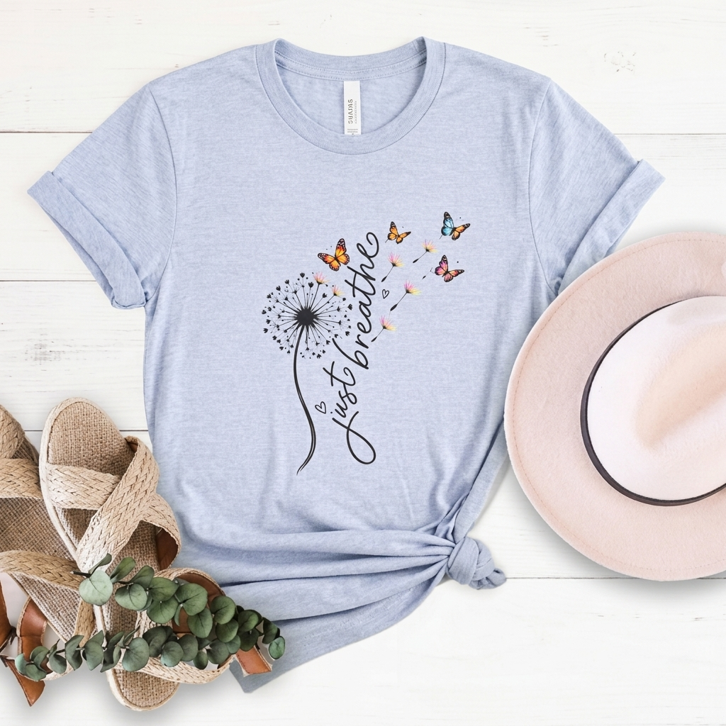 Just Breathe Dandelion T-Shirt,  Butterfly Inspirational Tee - 14519