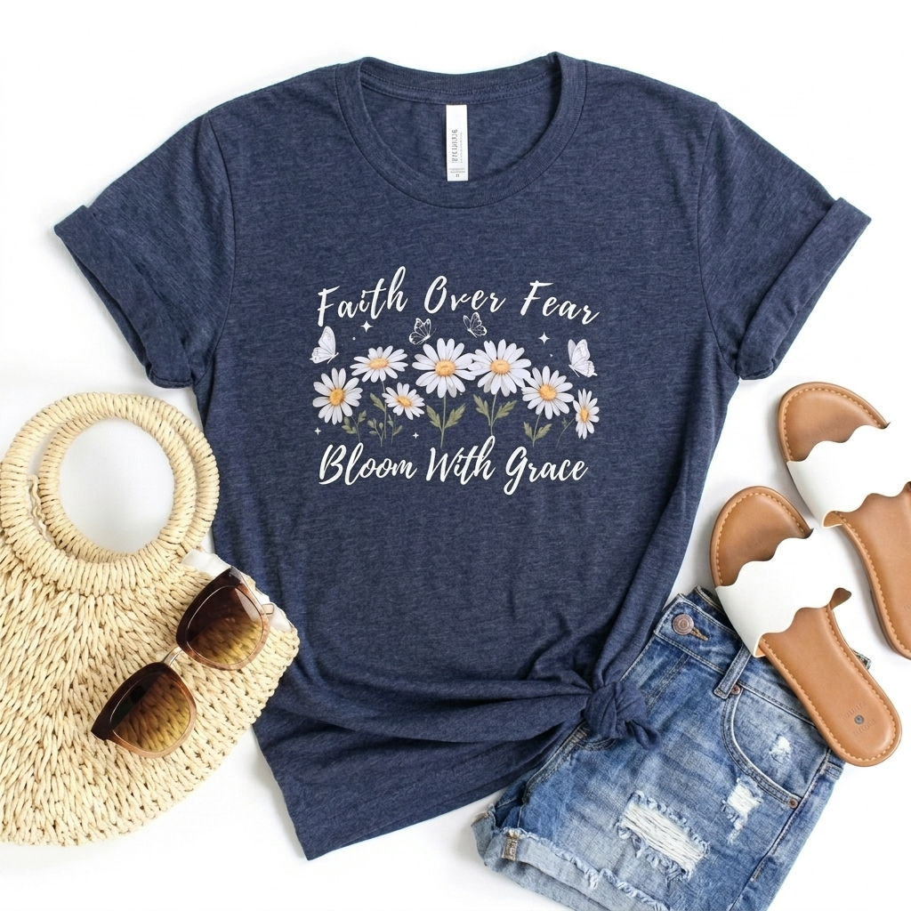 Faith Over Fear Daisy T-Shirt, “Bloom With Grace” Christian Floral Tee - 14951