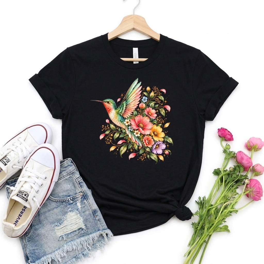 Colorful Hummingbird Floral T-Shirt, Nature Lover Tee - 14516