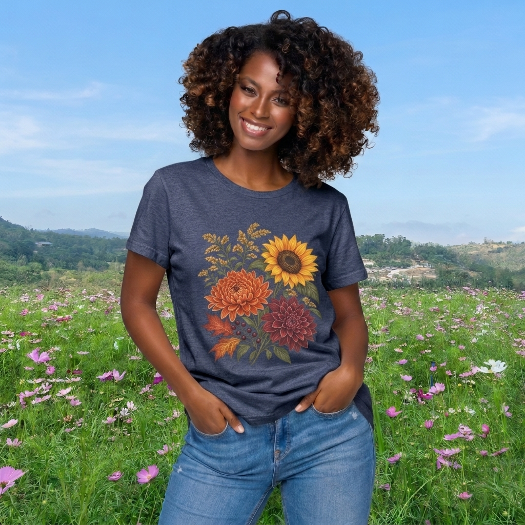 Autumn Wildflower Bouquet T-Shirt, Vintage Botanical Floral Tee - 14565