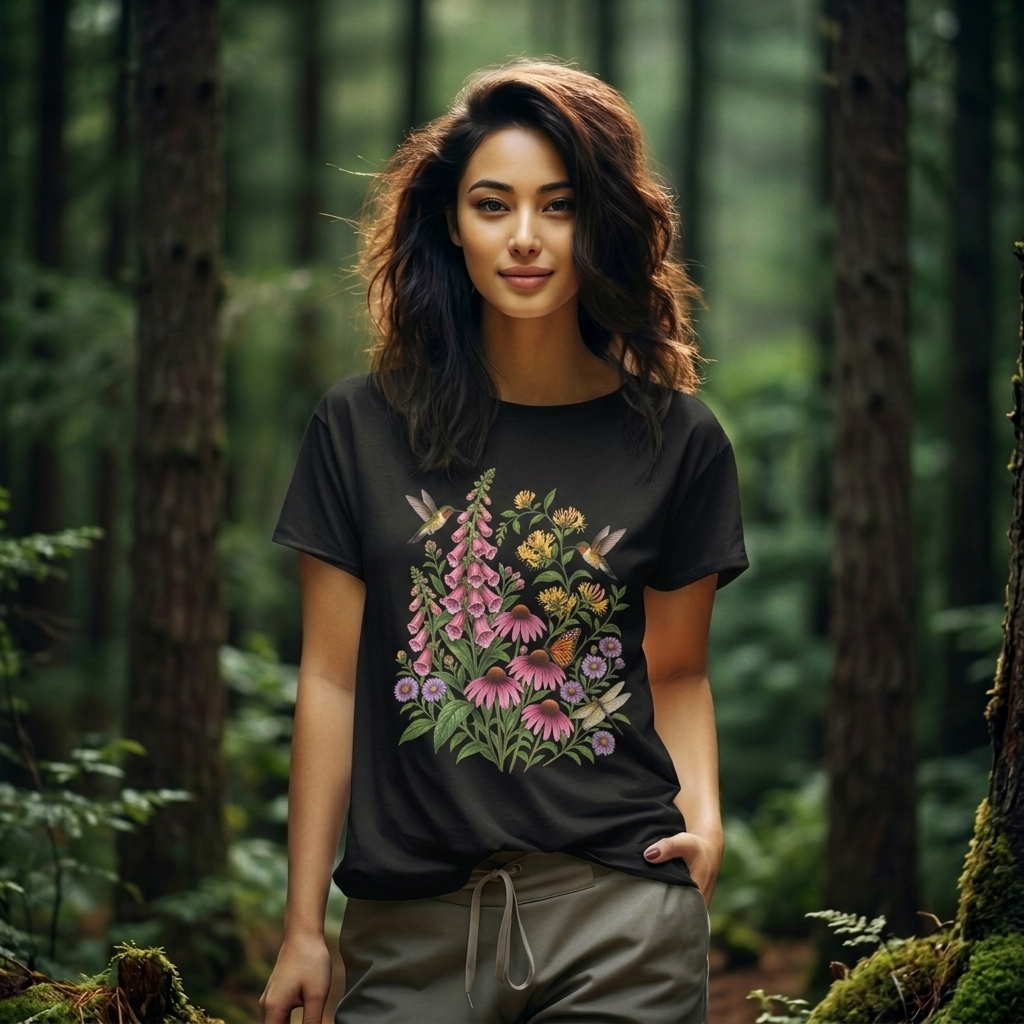 Floral Hummingbird Garden T-Shirt, Wildflower & Butterfly Botanical Tee - 14547