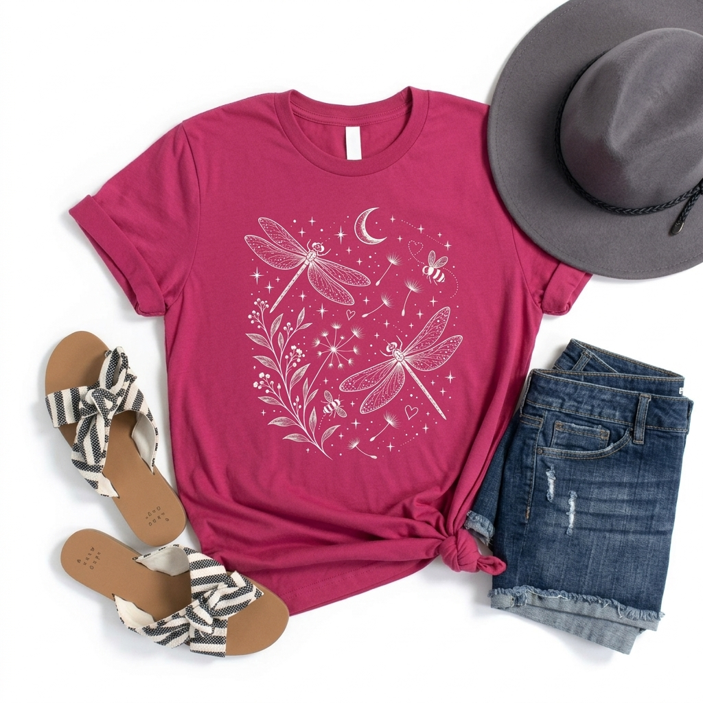 Dragonfly Moon T-Shirt, Whimsical Celestial Nature Tee - 14518