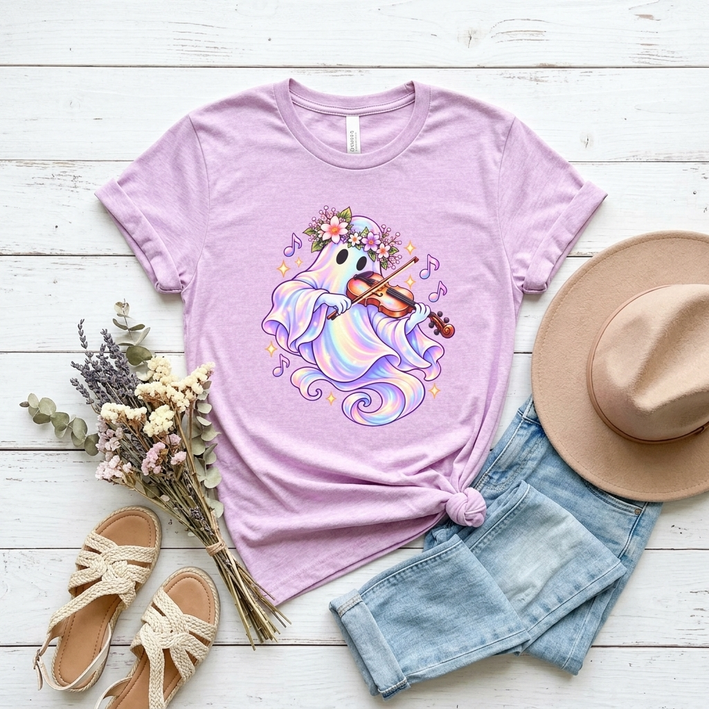 Ghost Violin T-Shirt, Cute Pastel Floral Music Lover Tee - 14528