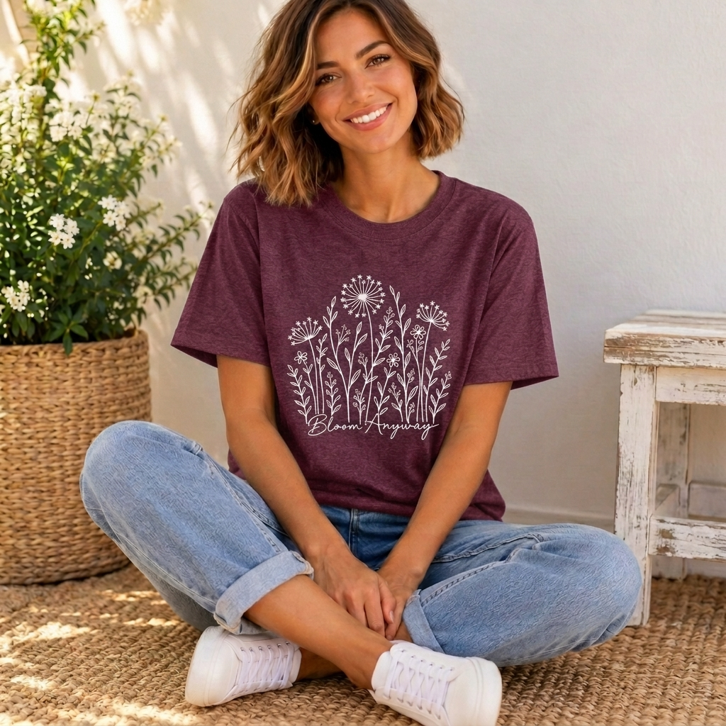 Bloom Anyway Floral T-Shirt, Hand-Drawn Wildflower Tee - 14509