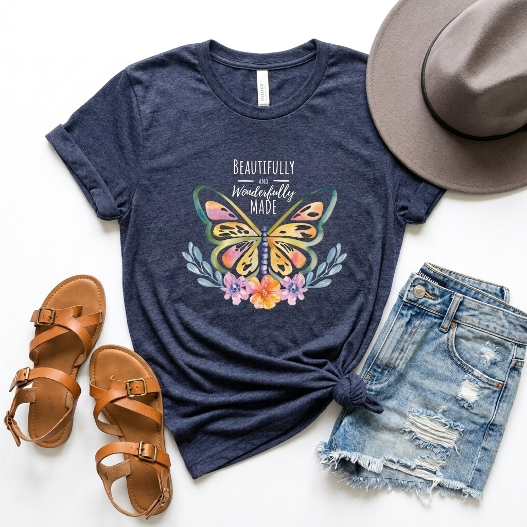 Beautifully & Wonderfully Made Butterfly T-Shirt, Inspirational Floral Graphic Tee - 14954