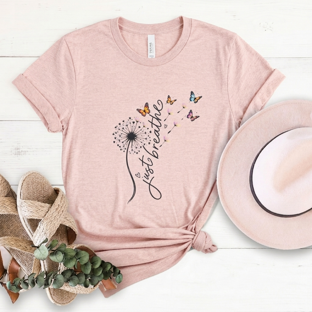 Just Breathe Dandelion T-Shirt,  Butterfly Inspirational Tee - 14519
