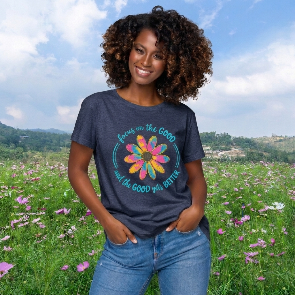 Focus on the Good T-Shirt, Colorful Retro Daisy Graphic Tee - 14563
