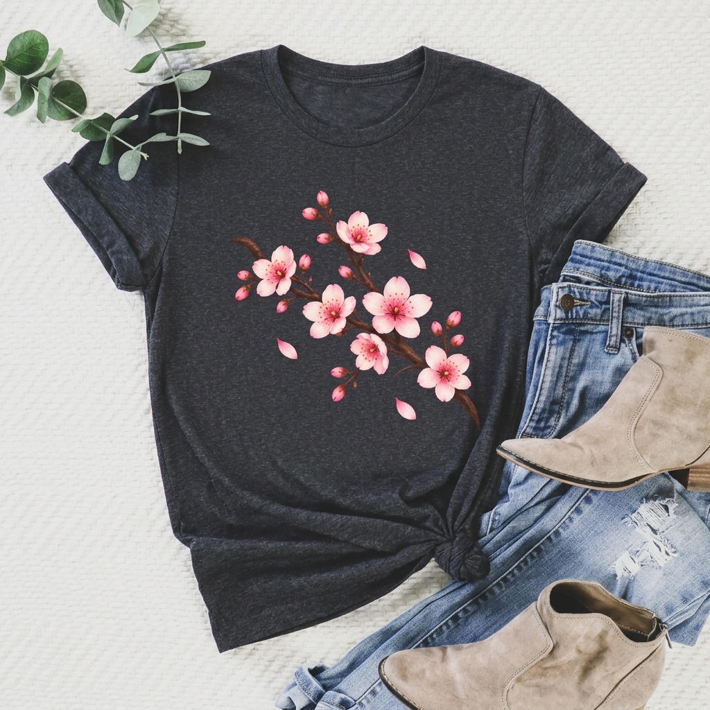 Cherry Blossom T-Shirt, Pink Sakura Branch Floral Tee - 14994