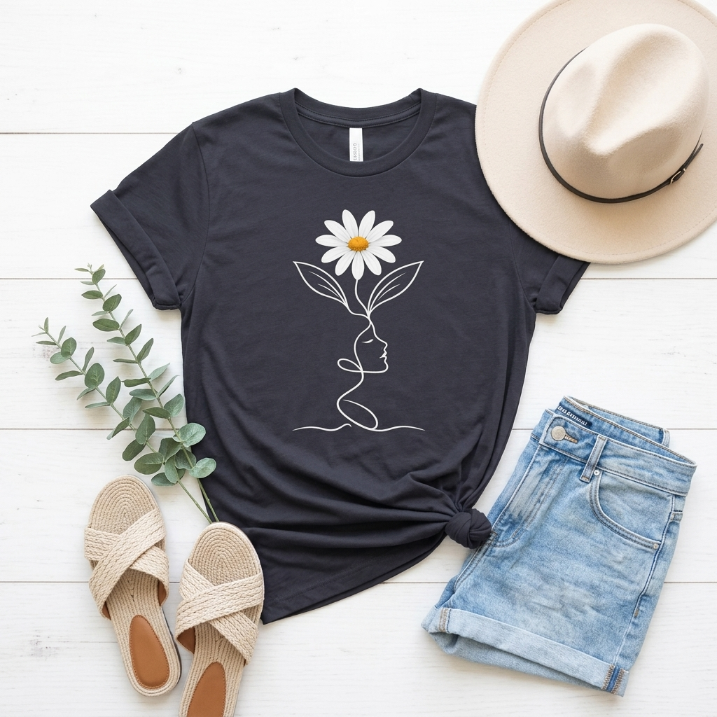 Daisy Woman Face T-Shirt, Minimalist Floral Line Art Tee - 14522