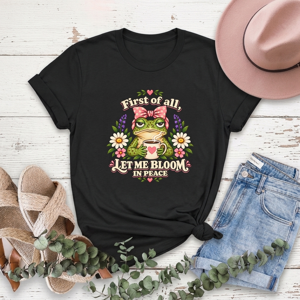 Let Me Bloom in Peace Frog T-Shirt, Cute Floral Coffee Tee - 14500